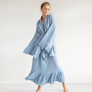 2022 Kevad Sügis Naiste Nightwear Lihtne Puuvillane Sinine Nightgowns Lahti Ruffle Homewear 2-osaline Komplekt, Naiste Riideid Naistele