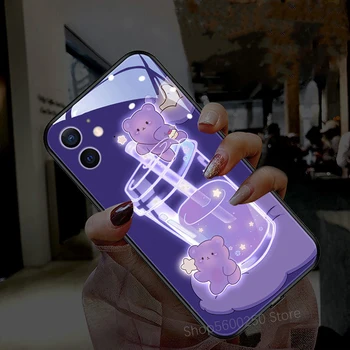 3D Lilla Karu Mull Boba Tee Case For iPhone Mini 12 11 Pro XS Max XR 7 8 Plus Kõne LED Kuma Pehme TPU tagakaas