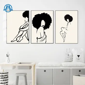 Alasti Line Art Print Seina Art Must Naine Naine Joonis Minimalistlik Joonis Naine Afro Feminist On Juuste Loomulik Lõuendile Maali
