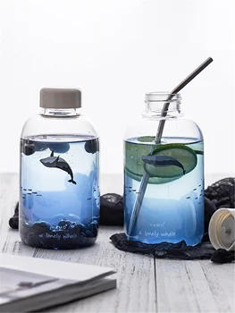 Gradient Sinine Vaal Vee Pudel Koos kaanega Selge Trükitud Vee Pudel 600ML Mere Klaas Esteetiline Vee Kantavate Vee Pudel