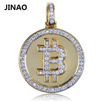 JINAO Hip-Hop Iced Out Kulla Värvi Kroomitud Bitcoin Ripats Kaelakee Mikro Sillutada Tsirkoon Koos 60cm Köis Kett või Kuuba Kett