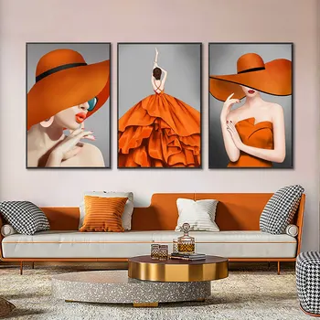 Lady Fashion Girl With Oranž Müts, Seelik Maali Kaasaegne Lõuend Plakatid Ja Pildid Seina Art pilt elutuba Teenetemärgi