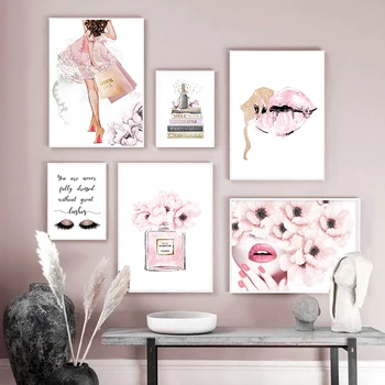 Roosa Lill Perfume Fashion Plakat Ripsmete Huulte Meik Print Lõuend Kunsti Maali Seina Pilt Kaasaegne Tüdruk Toas, Kodu Kaunistamine