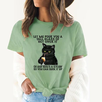 T-Särk Naistele Tees Must Kass Prindi Lühikesed Varrukad Mood Naine Pluusid 2023 Uued Vabaaja Igapäevast Pendeldama Naine Tüdrukud Y2k Riided